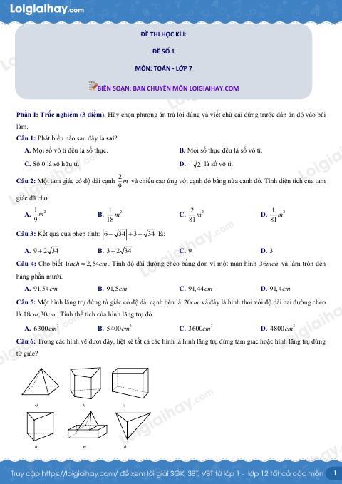 Đề thi học kì 1 Toán 7 - Đề số 1 - Chân trời sáng tạo